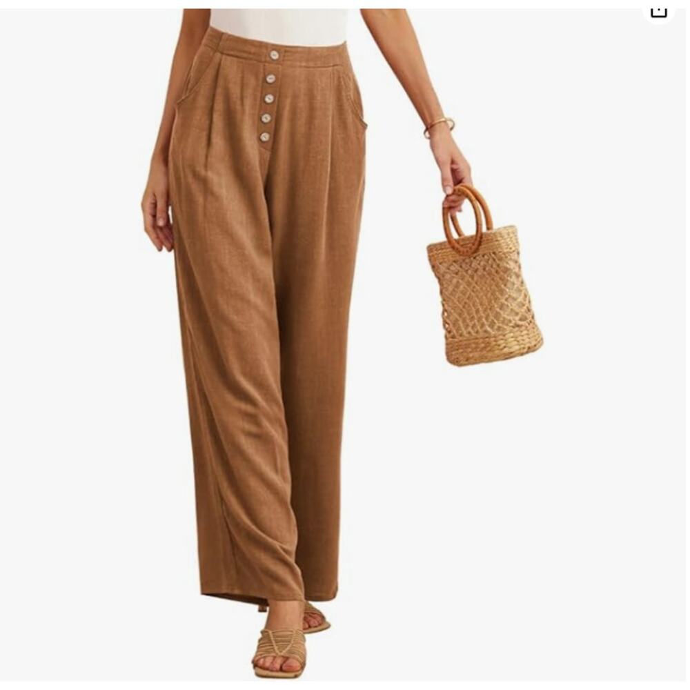 Linen Blend Wide Leg Pants XL Tan Elastic Waist Resort Vacation NWT - Picture 2 of 9